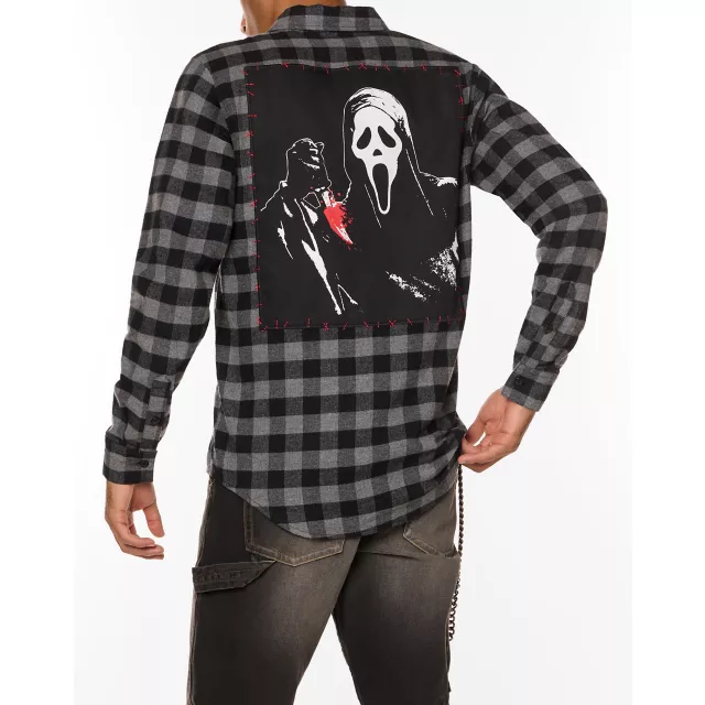 Black and Grey Ghost Face Flannel Shirt at Spirit Halloween