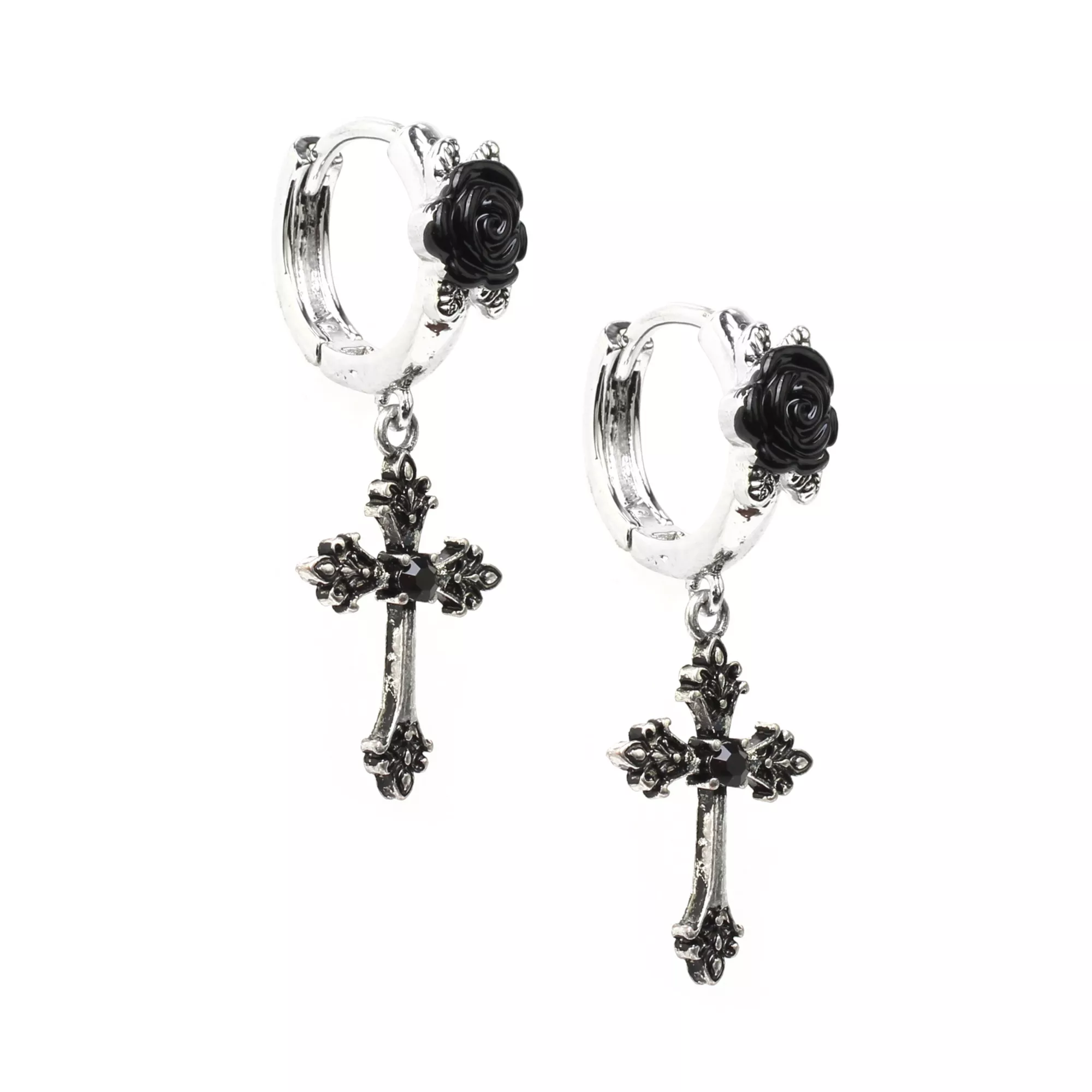 CZ Black Cross Dangle Huggie Hoop Earrings