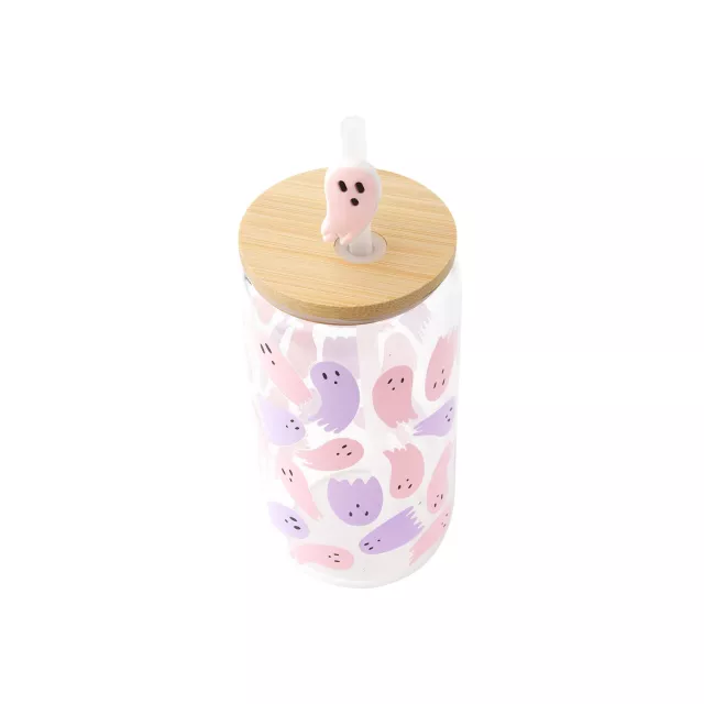 Pink and Purple Ghost Glass Cup with Straw and Topper - 16 oz. at Spencer's