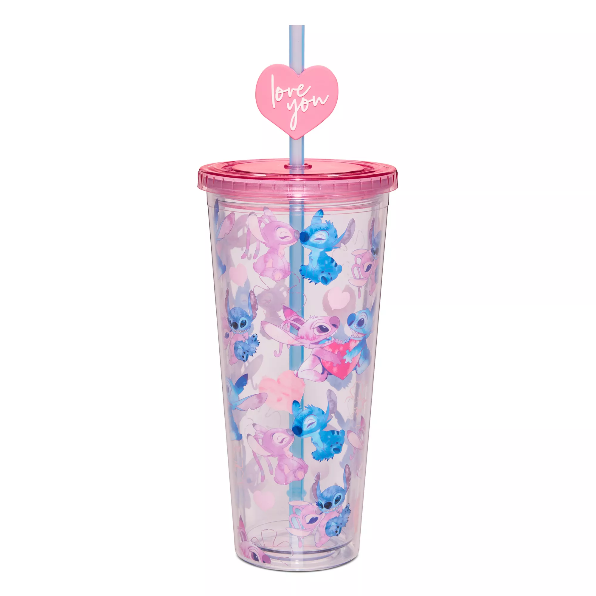 Stitch and Angel Heart Cup with Straw Topper - 24 oz. at Spencer's