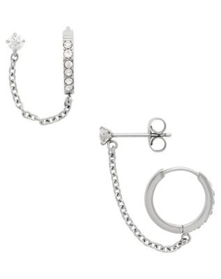 CZ Goldtone Stud Chain Dangle Huggie Hoop Earrings