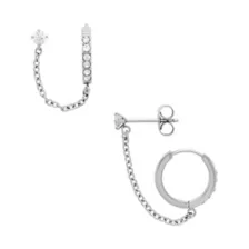 CZ Silvertone Stud Chain Dangle Huggie Hoop Earrings at Spencer's