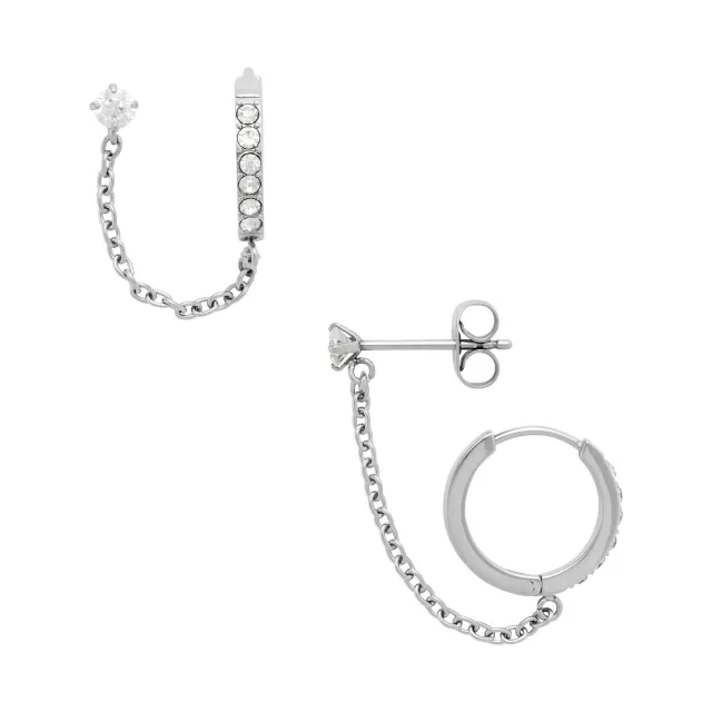 CZ Silvertone Stud Chain Dangle Huggie Hoop Earrings at Spencer's