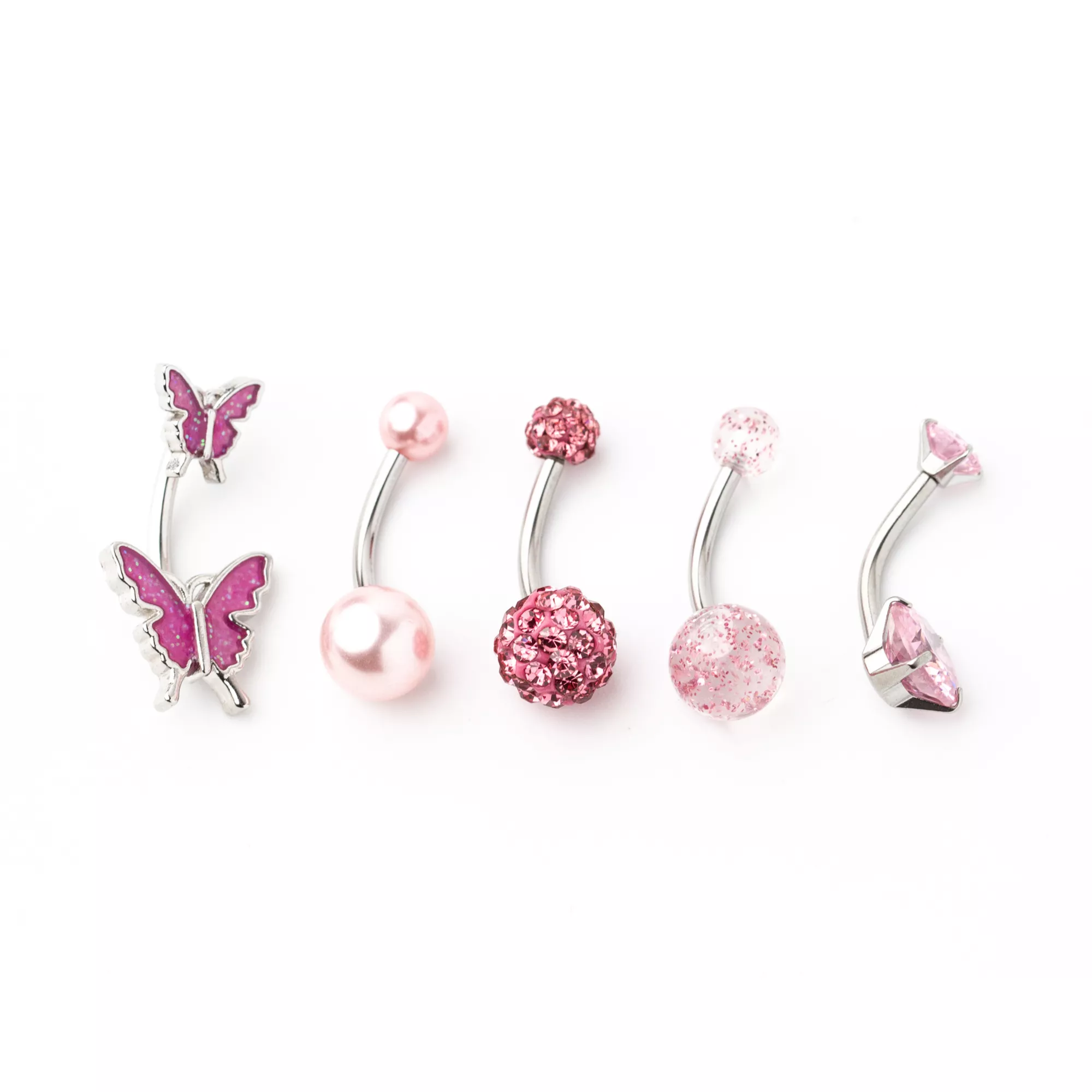 Multi-Pack CZ Pink Butterfly and Pave Belly Rings 5 Pack - 14 Gauge at Spencer's