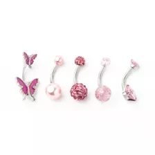 Multi-Pack CZ Pink Butterfly and Pave Belly Rings 5 Pack - 14 Gauge at Spencer's