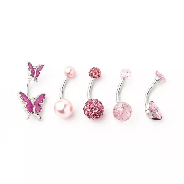 Multi-Pack CZ Pink Butterfly and Pave Belly Rings 5 Pack - 14 Gauge at Spencer's