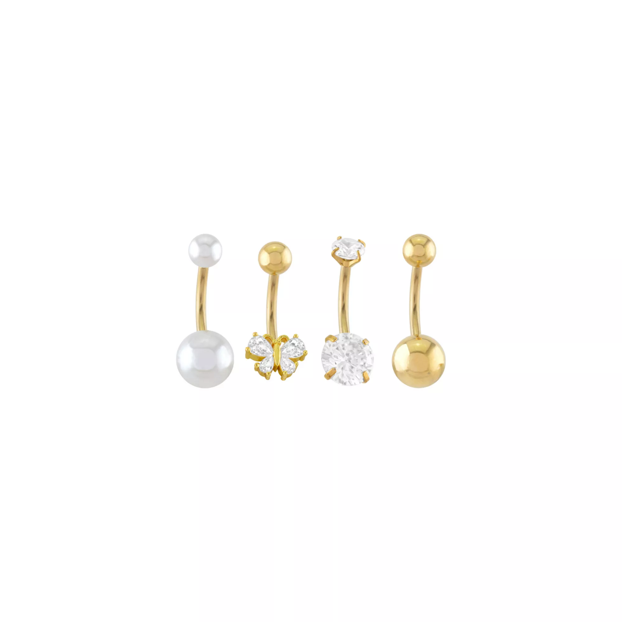 Multi-Pack CZ and Pearl-Effect Gold-Tone Butterfly Belly Rings 4 Pack - 14 Gauge at Spencer's