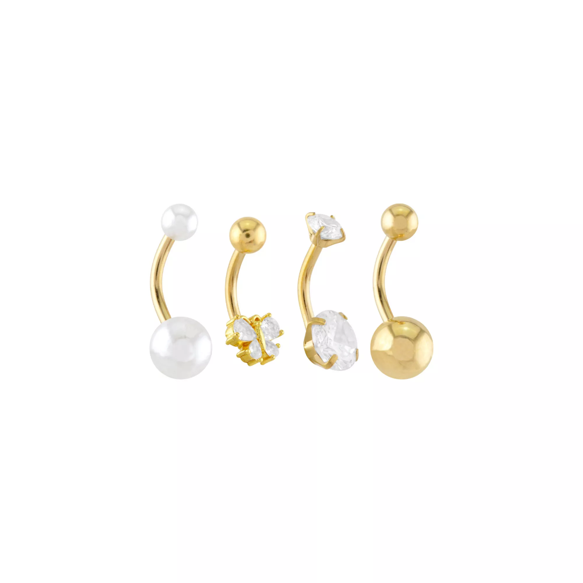 Multi-Pack CZ and Pearl-Effect Gold-Tone Butterfly Belly Rings 4 Pack - 14 Gauge at Spencer's