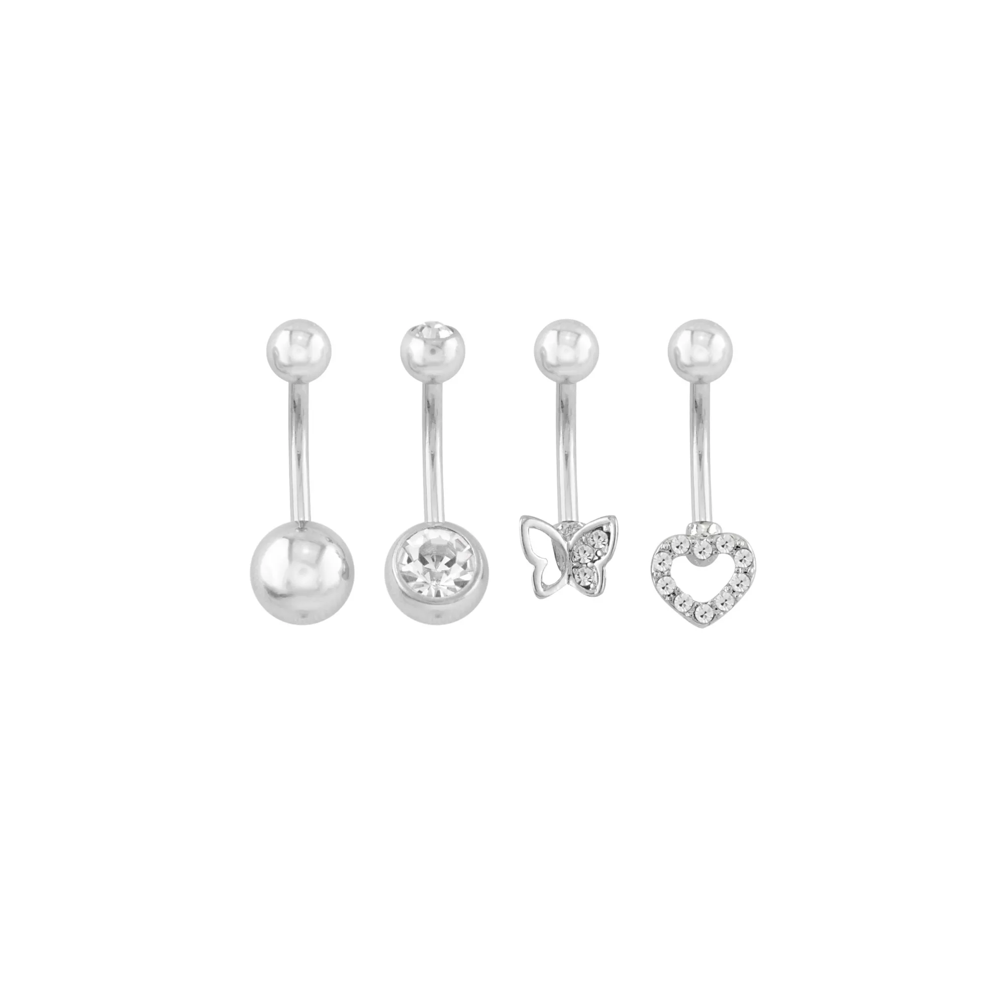 Multi-Pack CZ Silvertone Bufferfly Heart Titanium Belly Rings 4 Pack - 14 Gauge at Spencer's