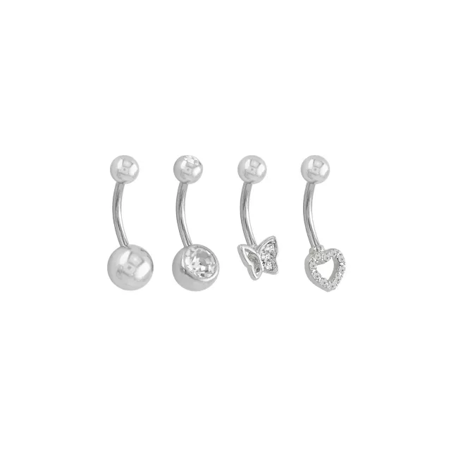 Multi-Pack CZ Silvertone Bufferfly Heart Titanium Belly Rings 4 Pack - 14 Gauge at Spencer's