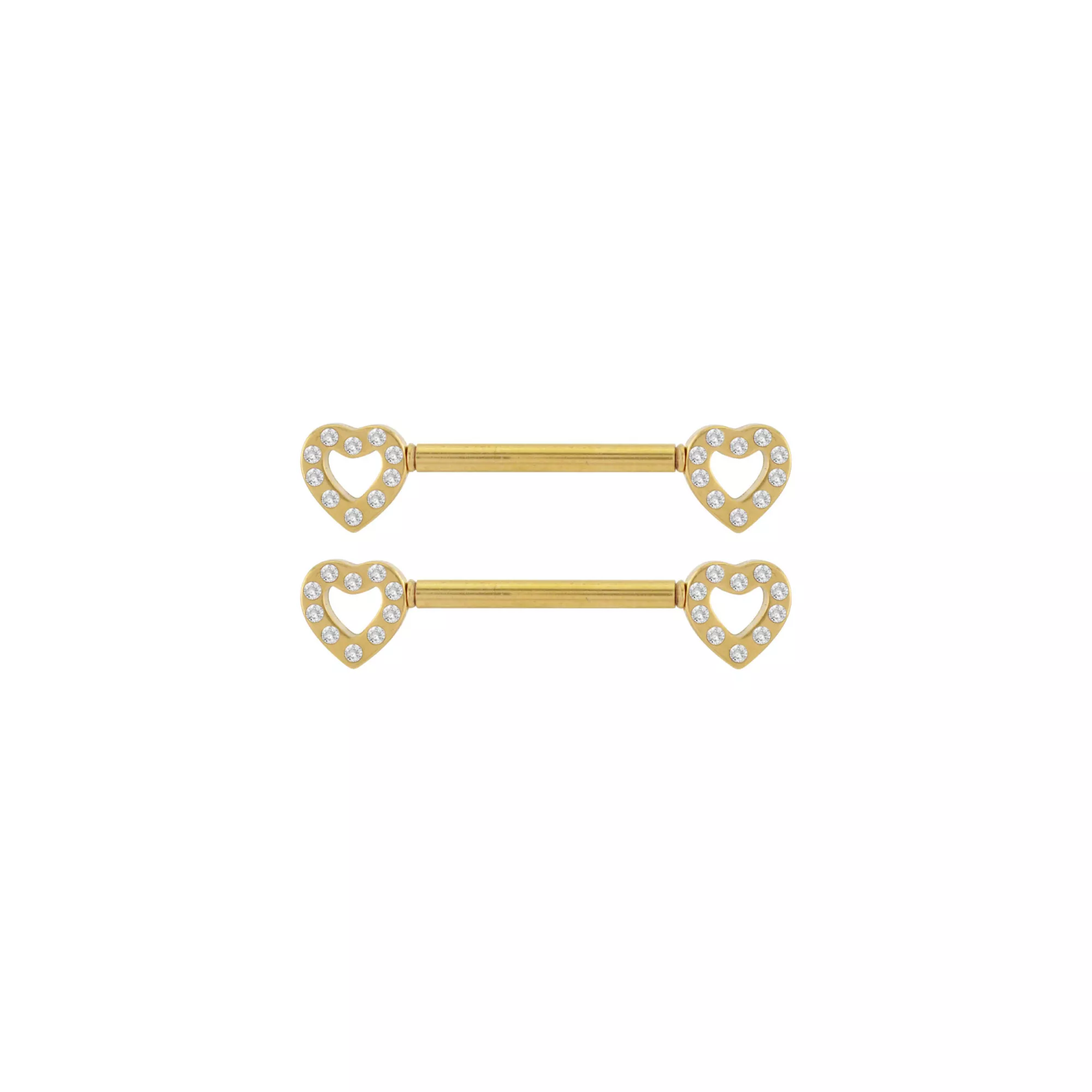 Goldtone CZ Heart Nipple Barbells - 14 Gauge