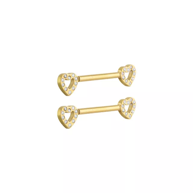 Goldtone CZ Heart Nipple Barbells - 14 Gauge