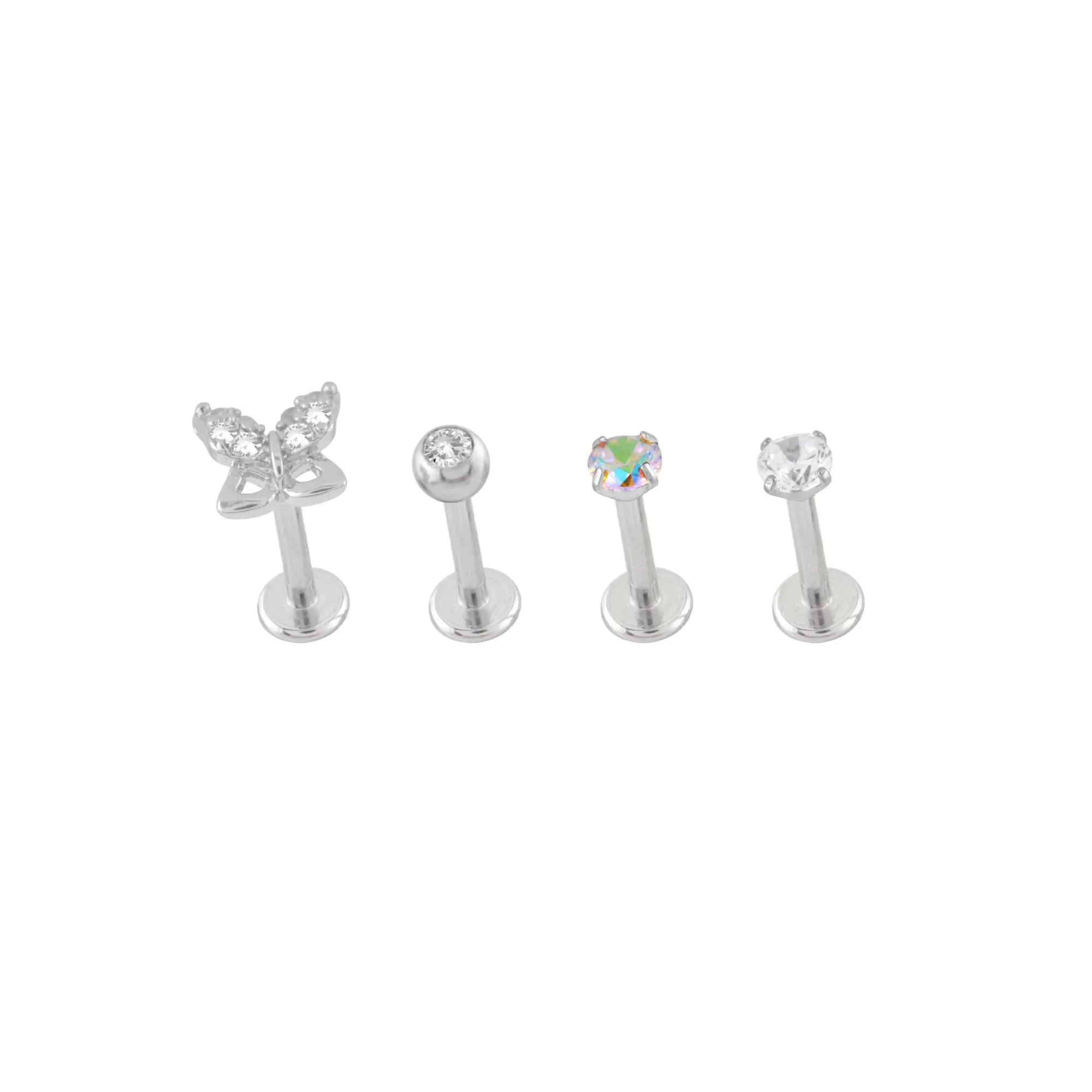 Multi-Pack Silvertone CZ Butterfly Labrets 4 Pack - 16 Gauge at Spencer's