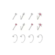 Multi-Pack Titanium Pink CZ Nose Pins and Hoops 12 Pack - 22 Gauge at Spencer's