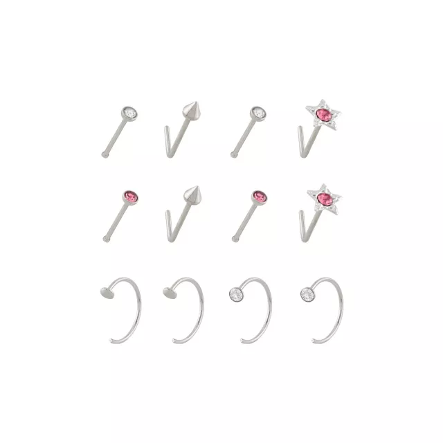 Multi-Pack Titanium Pink CZ Nose Pins and Hoops 12 Pack - 22 Gauge at Spencer's