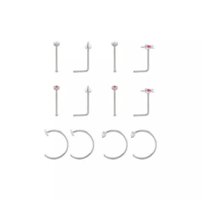 Multi-Pack Titanium Pink CZ Nose Pins and Hoops 12 Pack - 22 Gauge at Spencer's