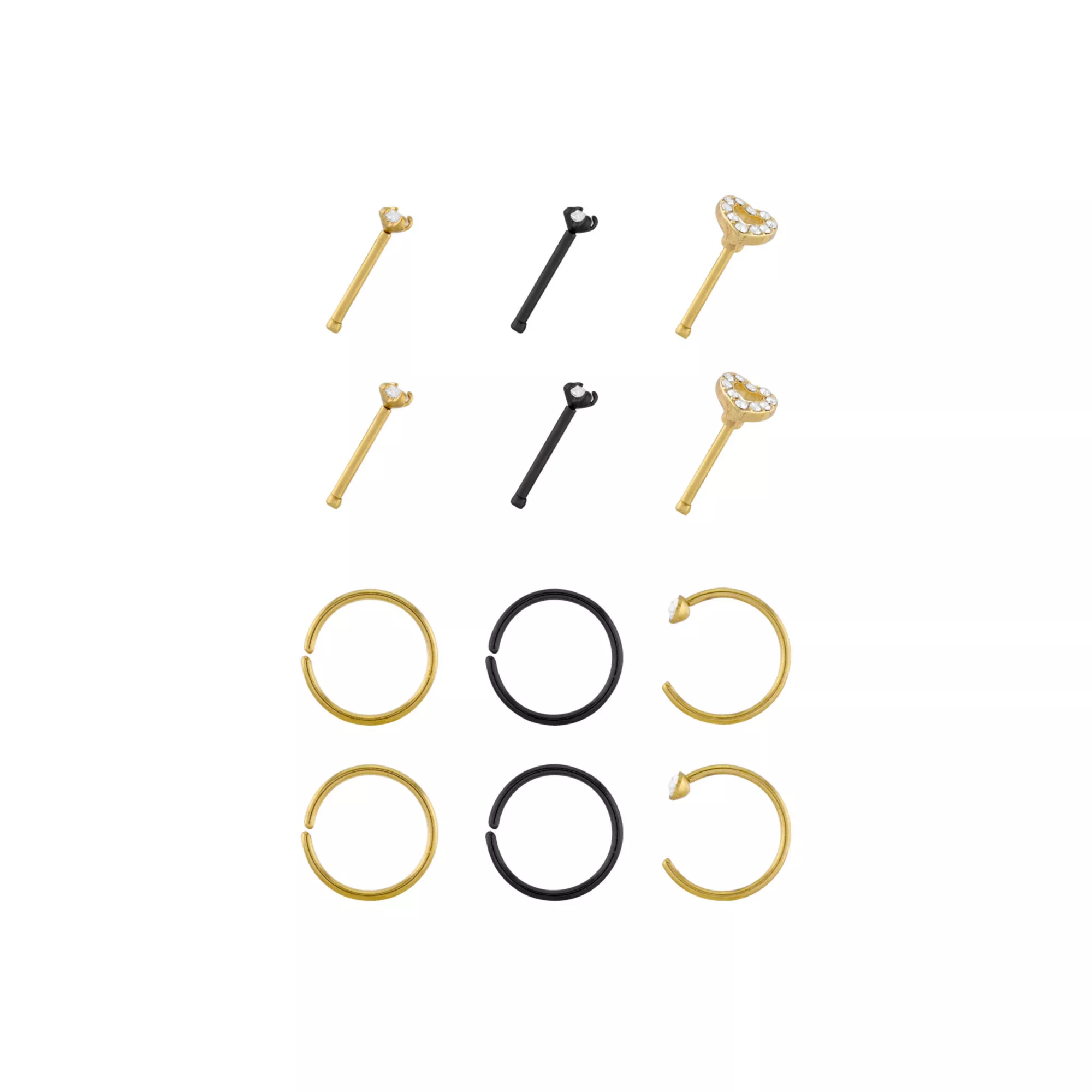 Multi-Pack Goldtone and Black Heart Nose Pins and Hoops 12 Pack - 20 Gauge at Spencer's