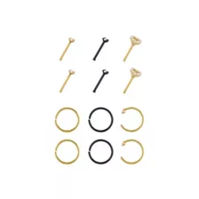 Multi-Pack Goldtone and Black Heart Nose Pins and Hoops 12 Pack - 20 Gauge at Spencer's