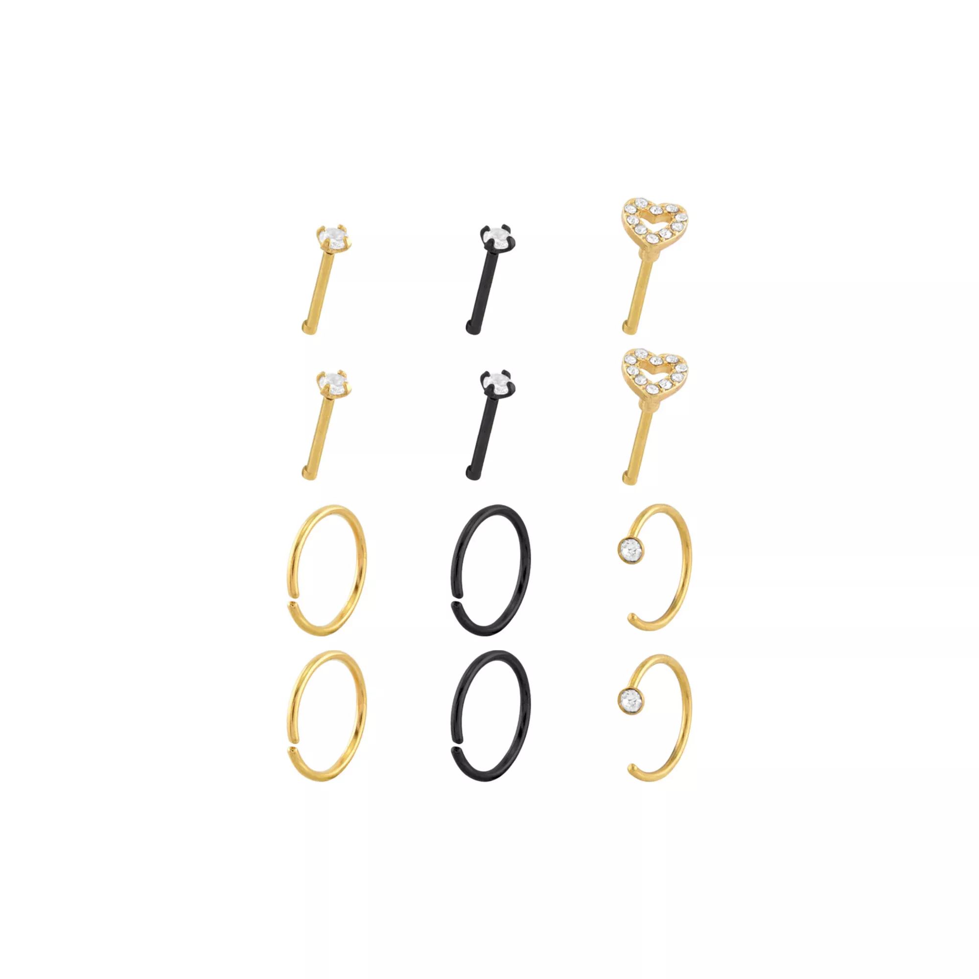 Multi-Pack Goldtone and Black Heart Nose Pins and Hoops 12 Pack - 20 Gauge at Spencer's