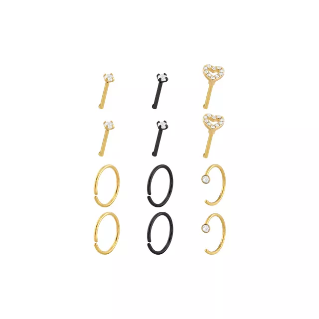 Multi-Pack Goldtone and Black Heart Nose Pins and Hoops 12 Pack - 20 Gauge at Spencer's