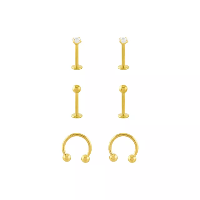 Multi-Pack Titanium CZ Goldtone Labrets and Horseshoe Rings 6 Pack - 16 Gauge at Spencer's