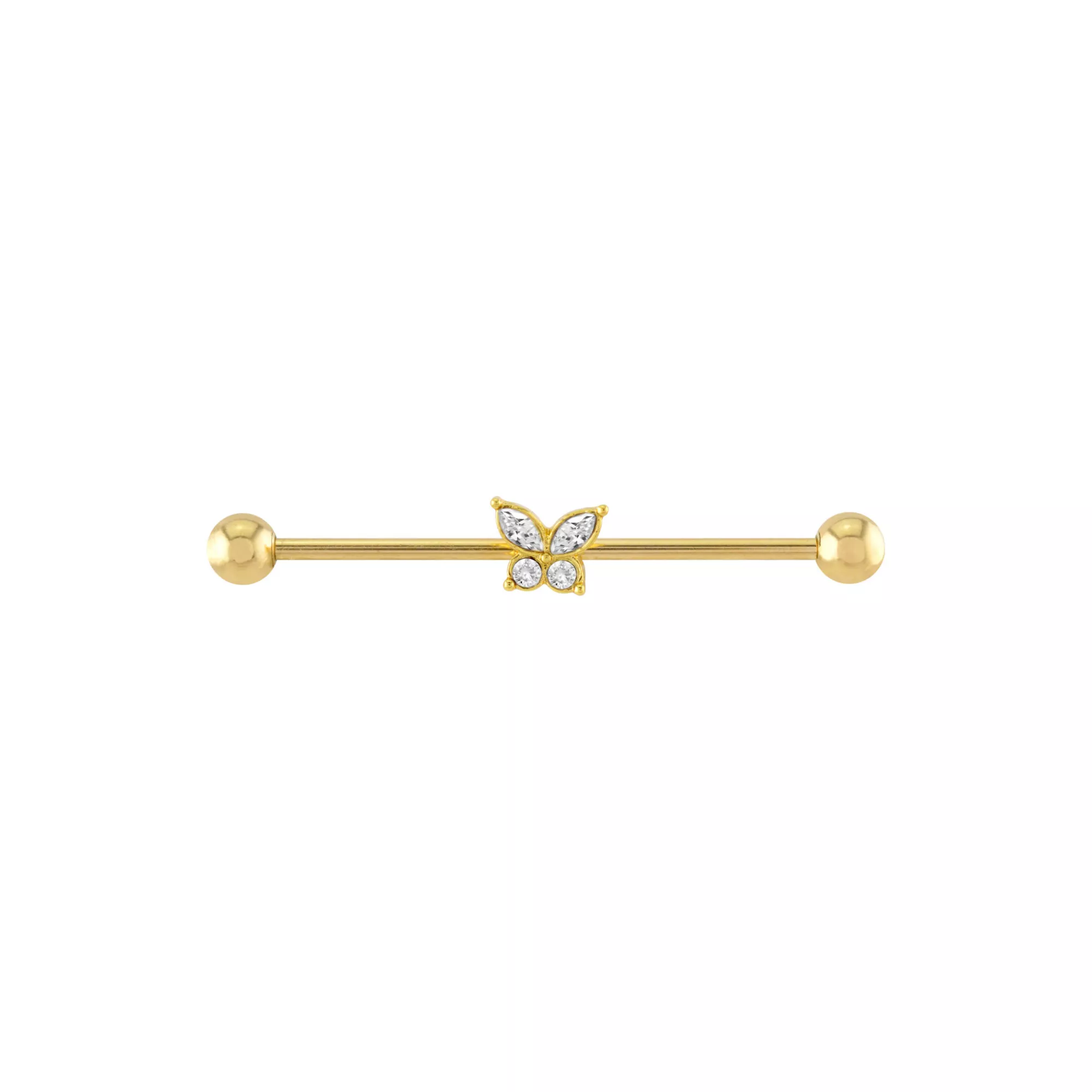 CZ Gold Plated Butterfly Industrial Barbell - 14 Gauge