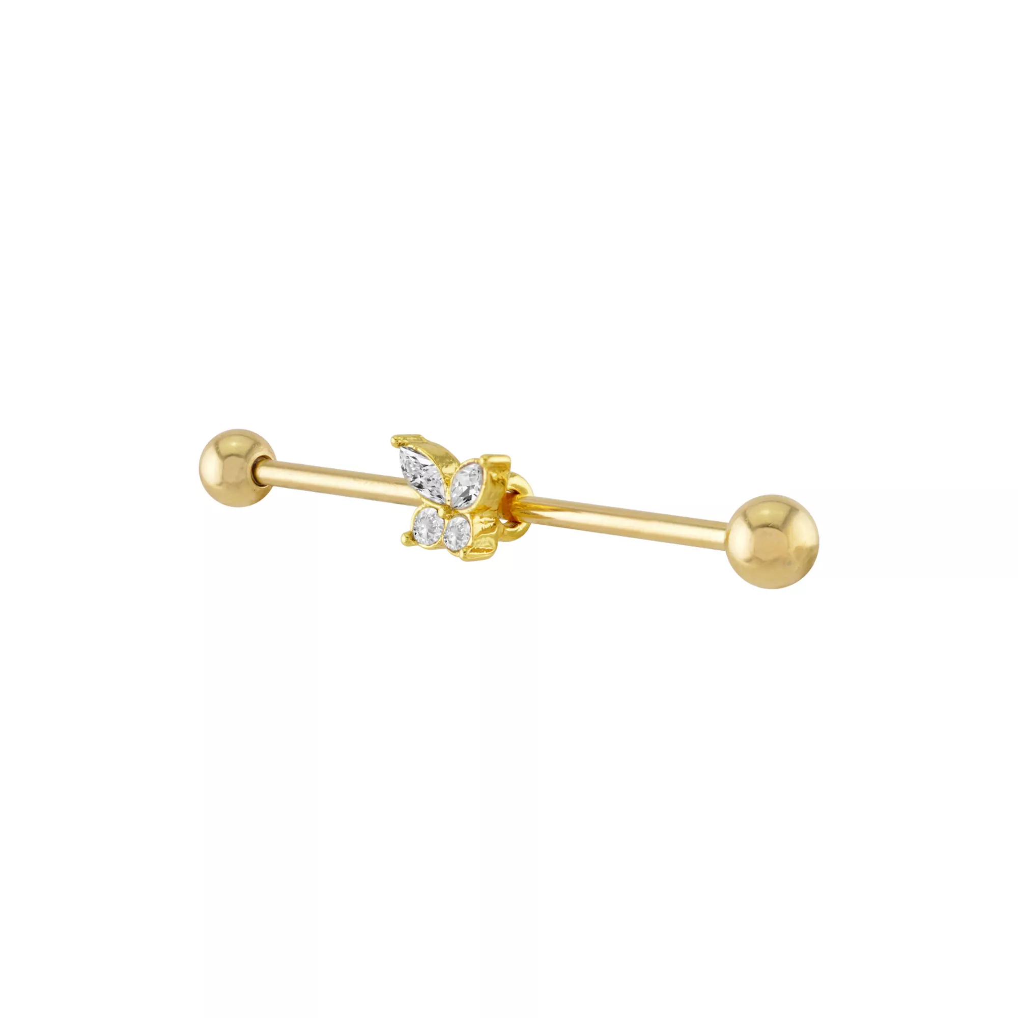 CZ Gold Plated Butterfly Industrial Barbell - 14 Gauge at Spencer's