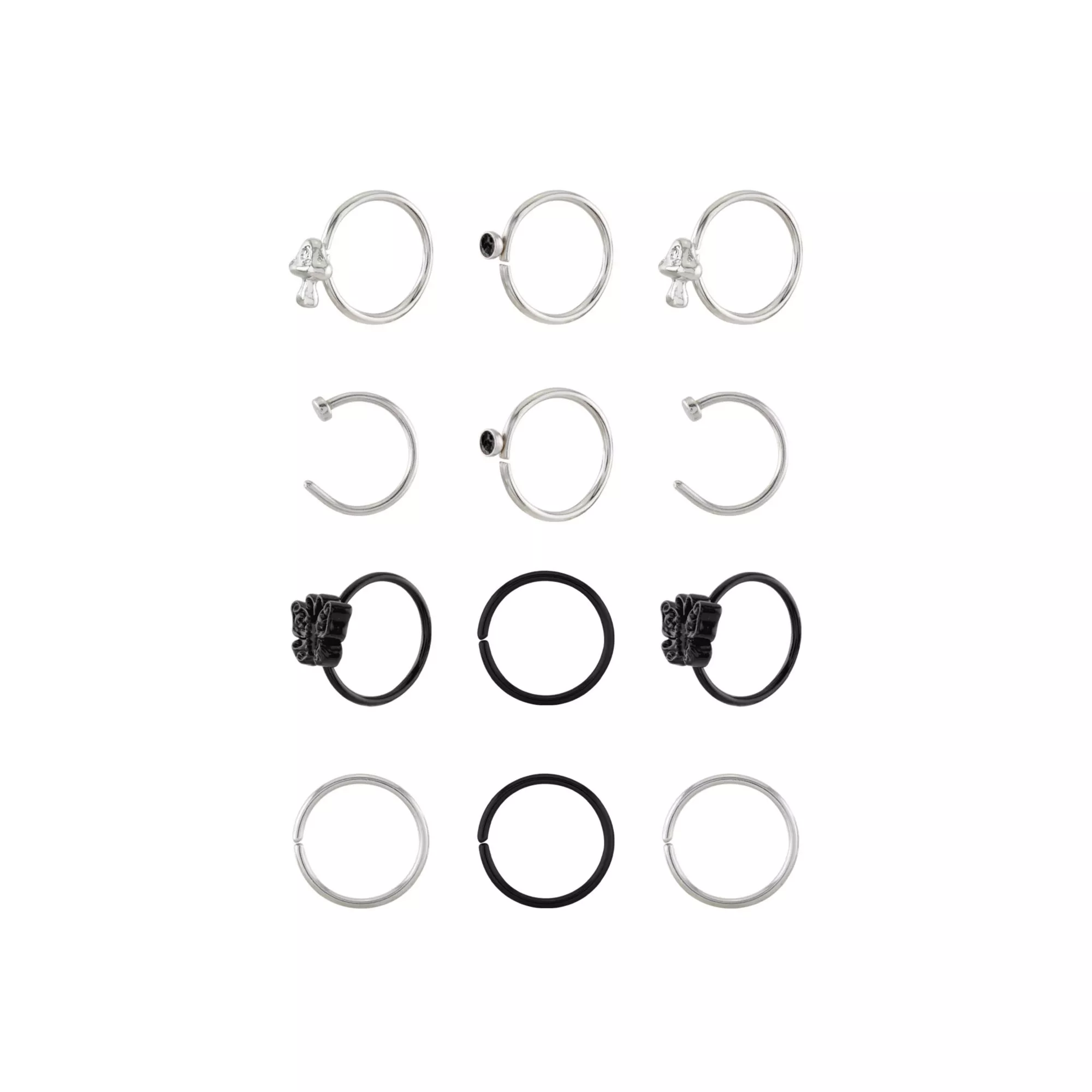 Multi-Pack CZ Butterfly and Mushroom Half Hoop Nose Rings 12 Pack - 20 Gauge at Spencer's