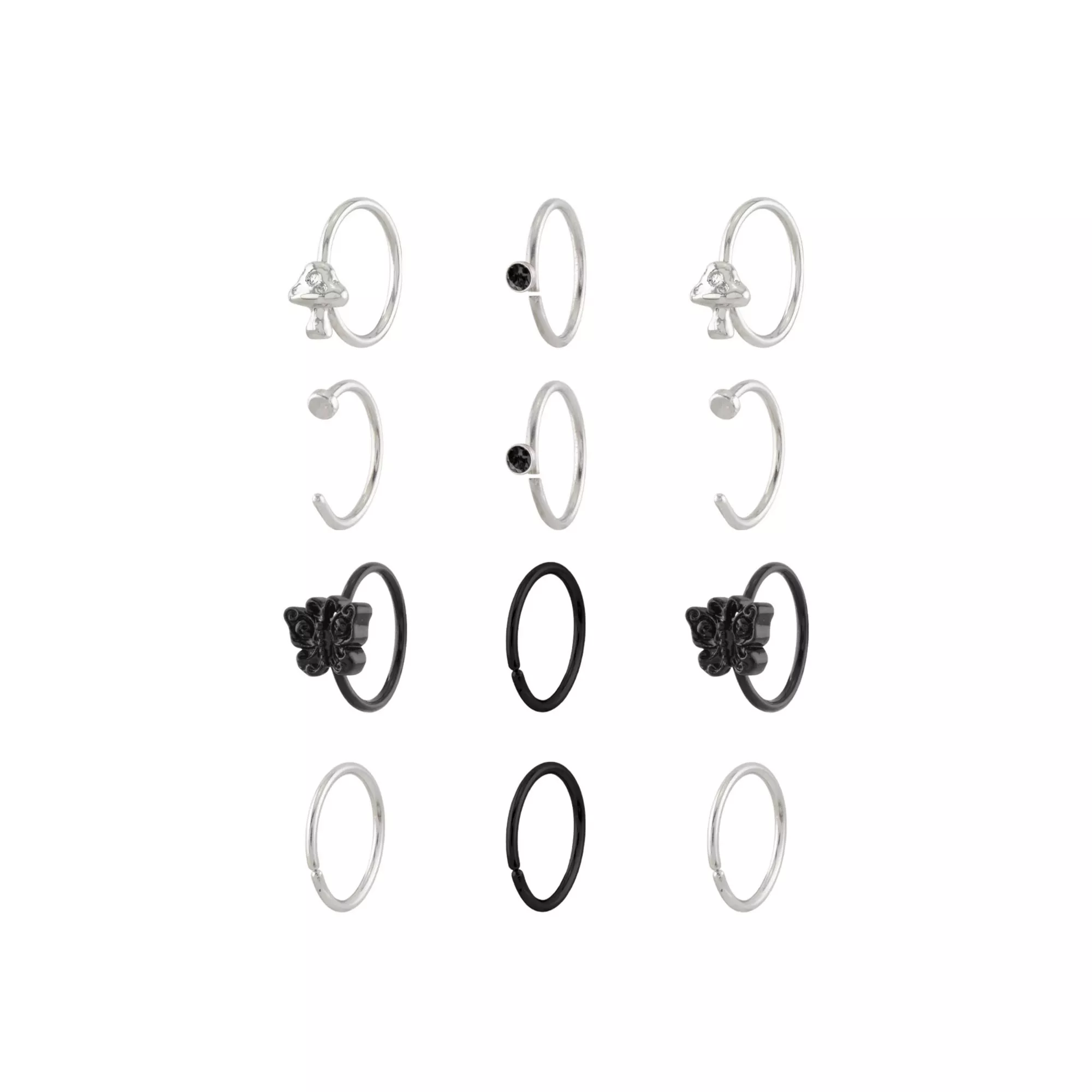 Multi-Pack CZ Butterfly and Mushroom Half Hoop Nose Rings 12 Pack - 20 Gauge at Spencer's