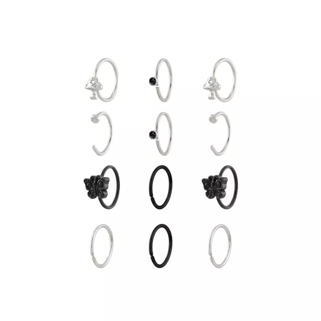 Multi-Pack CZ Butterfly and Mushroom Half Hoop Nose Rings 12 Pack - 20 Gauge at Spencer's