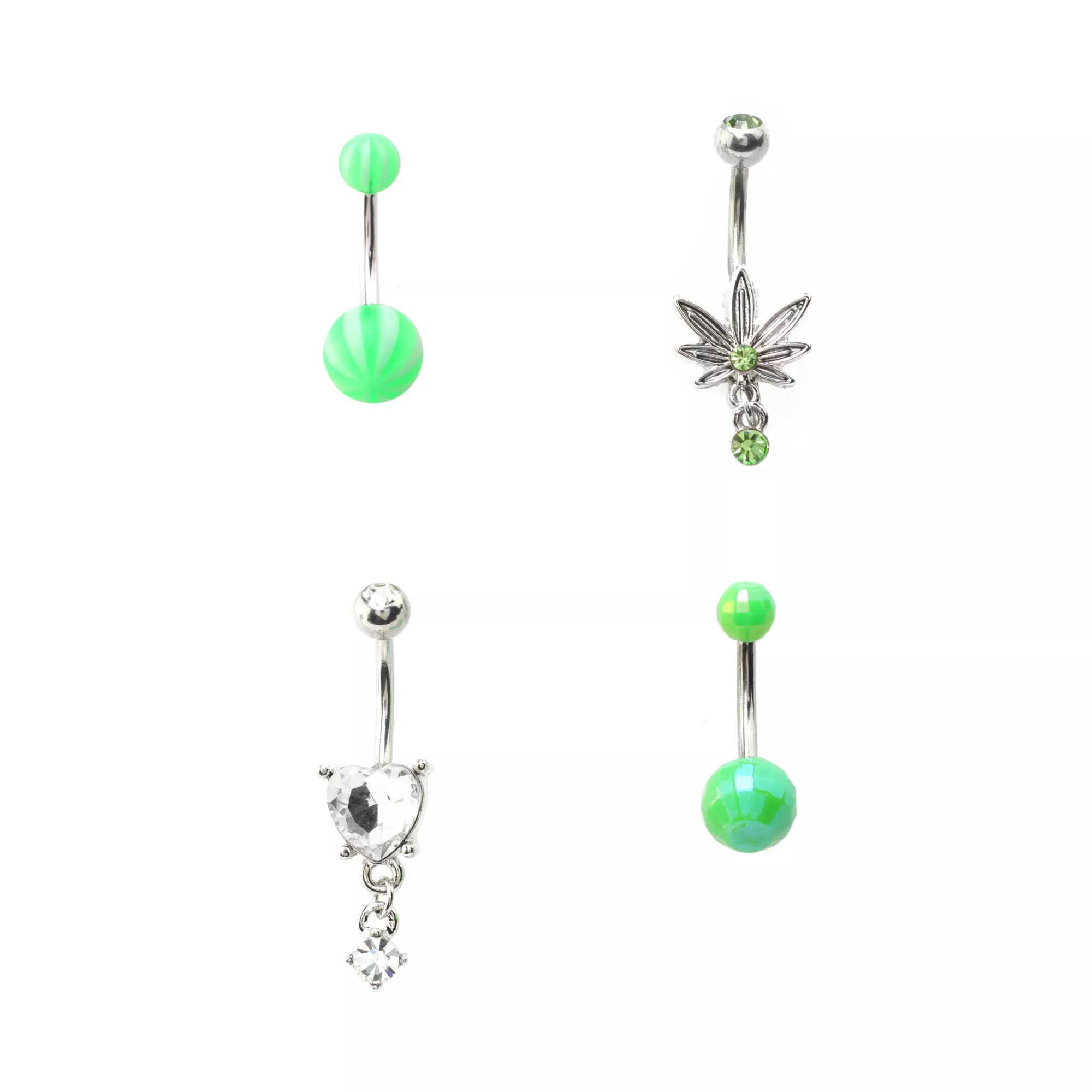 Multi-Pack Green Leaf Dangle Belly Rings 4 Pack - 14 Gauge at Spencer's
