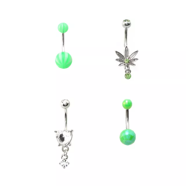 Multi-Pack Green Leaf Dangle Belly Rings 4 Pack - 14 Gauge at Spencer's