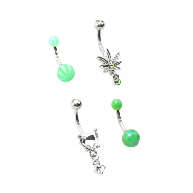 Multi-Pack Green Leaf Dangle Belly Rings 4 Pack - 14 Gauge at Spencer's