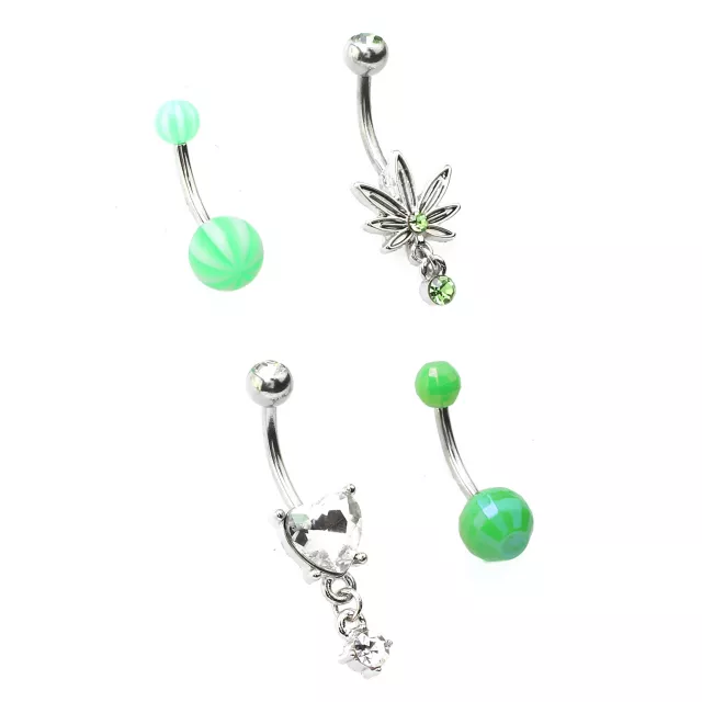 Multi-Pack Green Leaf Dangle Belly Rings 4 Pack - 14 Gauge at Spencer's