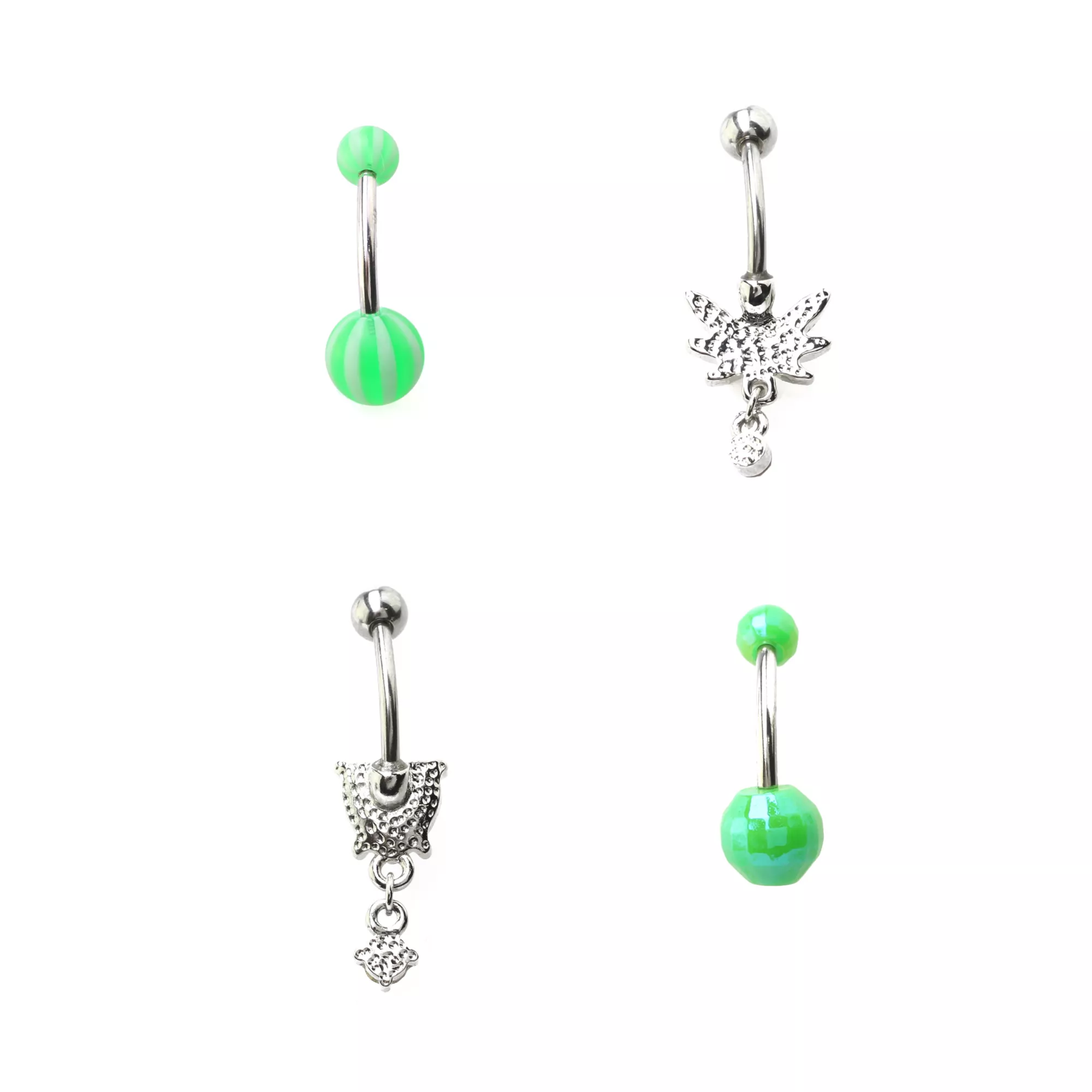 Multi-Pack Green Leaf Dangle Belly Rings 4 Pack - 14 Gauge