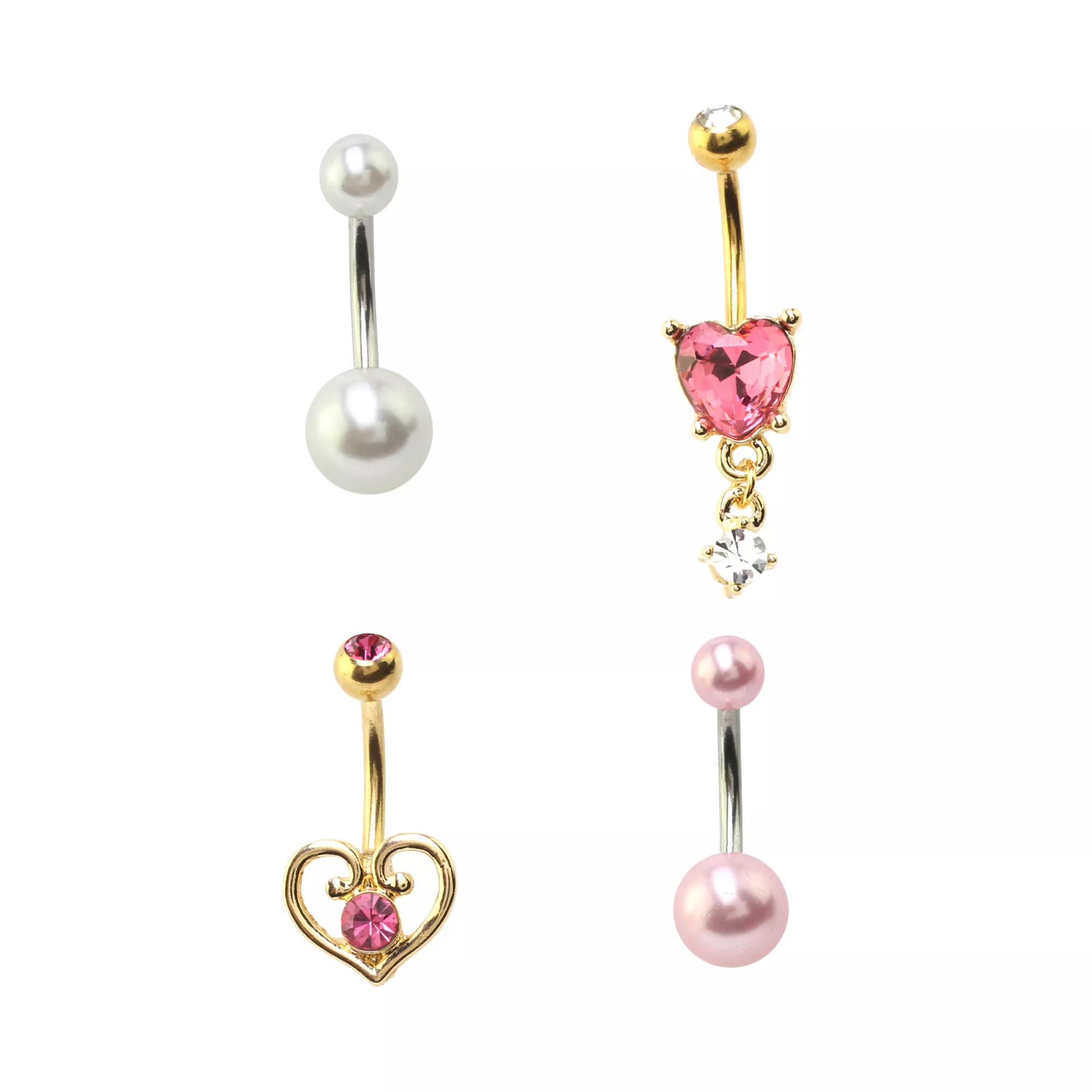 Multi-Pack Pink Heart Dangle Belly Rings 4 Pack - 14 Gauge at Spencer's