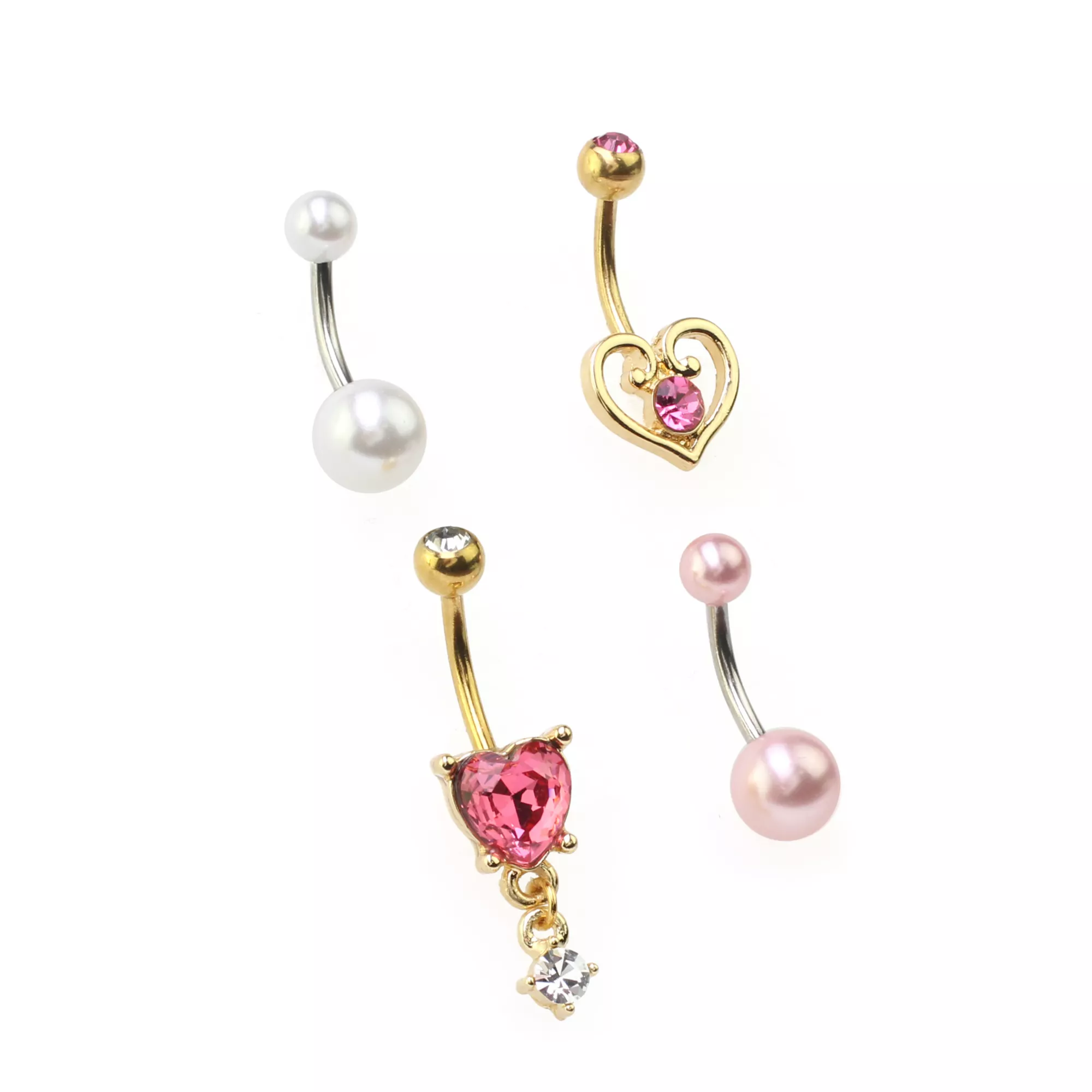 Multi-Pack Pink Heart Dangle Belly Rings 4 Pack - 14 Gauge at Spencer's