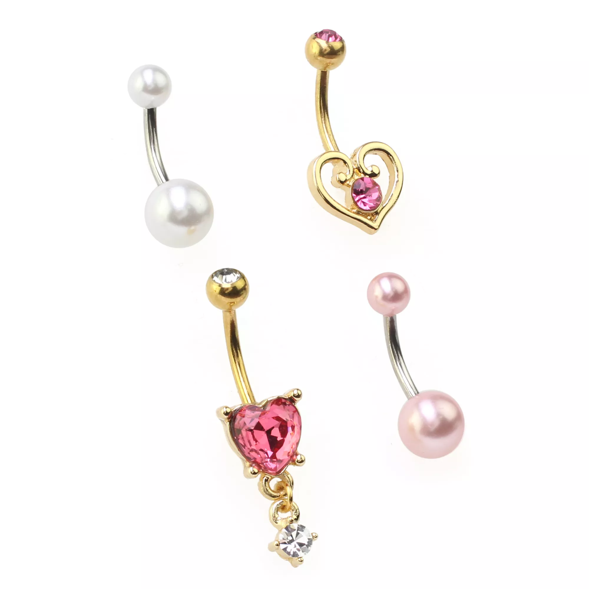 Multi-Pack Pink Heart Dangle Belly Rings 4 Pack - 14 Gauge at Spencer's