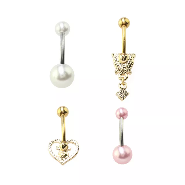Multi-Pack Pink Heart Dangle Belly Rings 4 Pack - 14 Gauge at Spencer's
