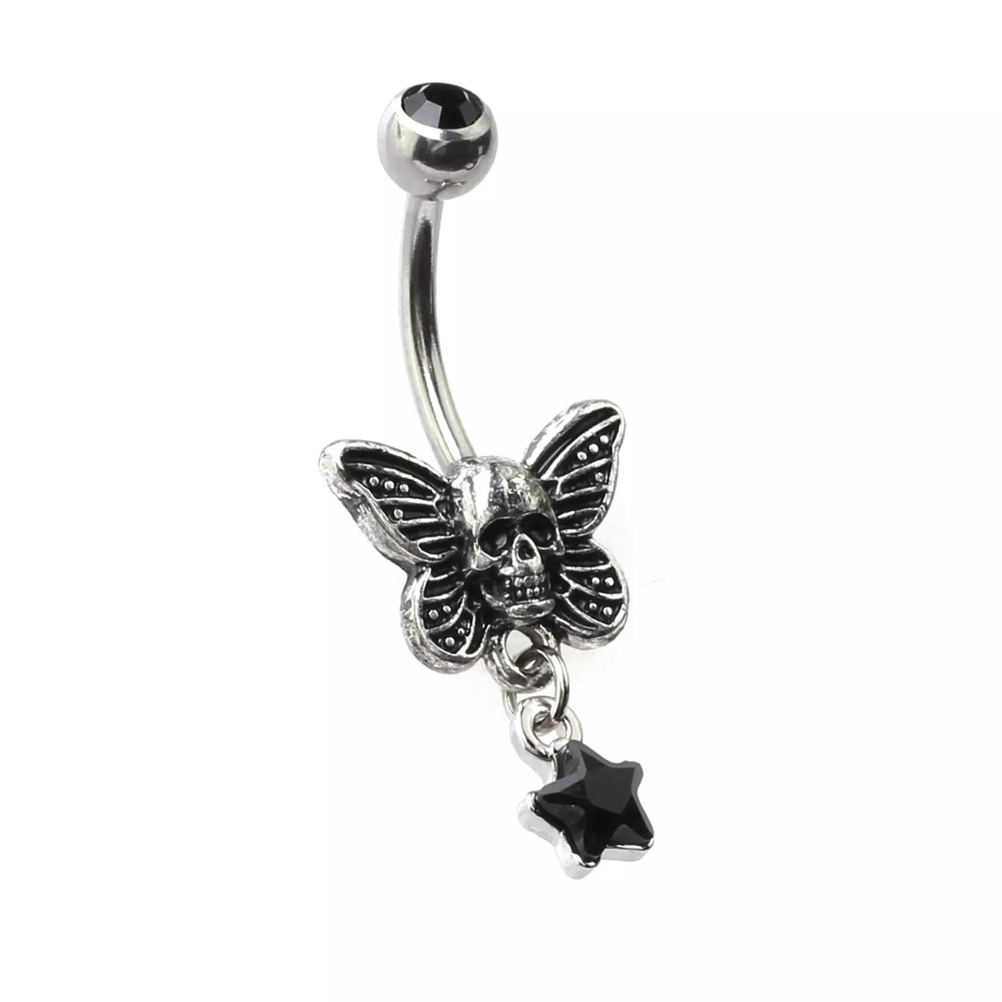 CZ Skeleton Moth Dangle Belly Ring - 14 Gauge