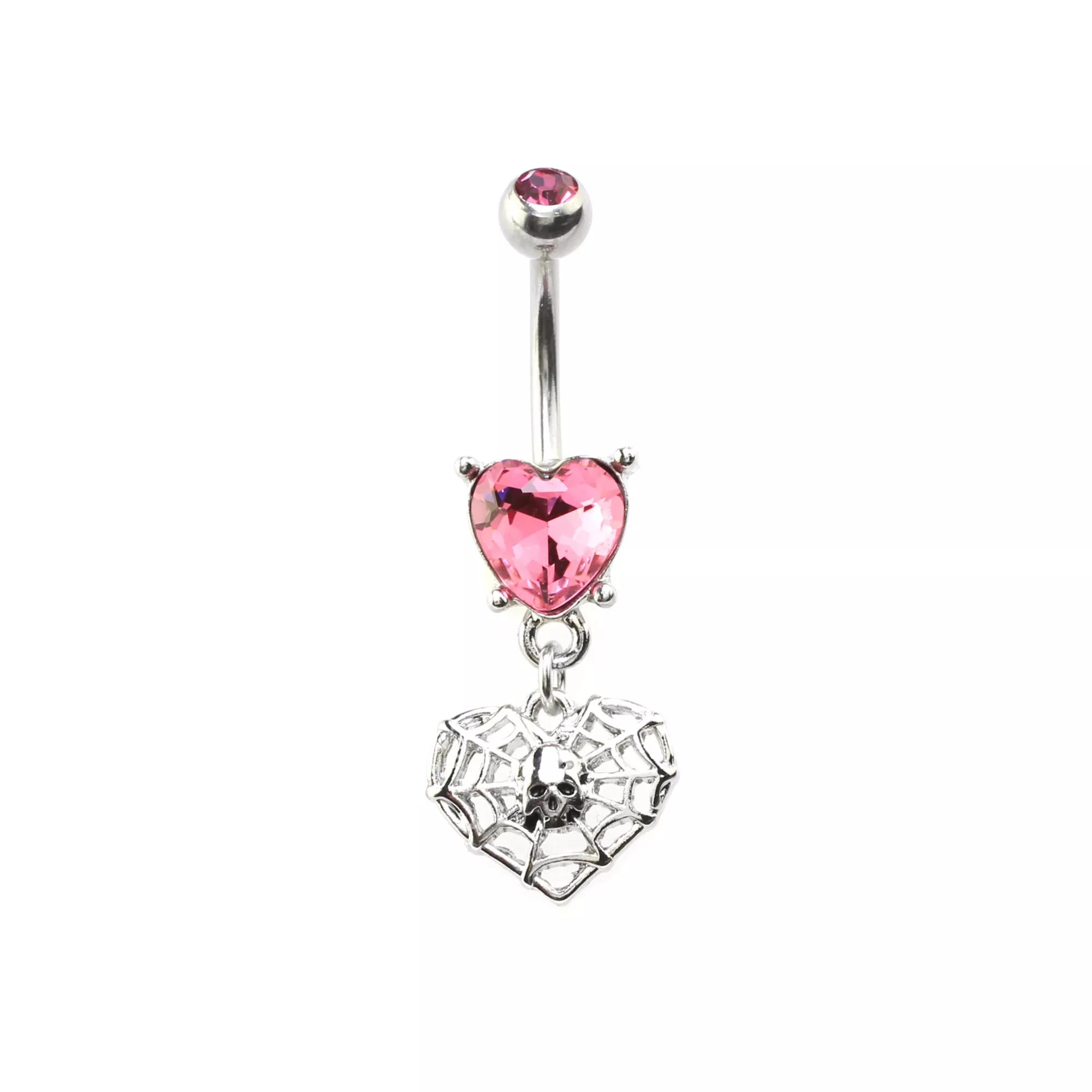 Pink Heart CZ Skull Web Dangle Belly Ring - 14 Gauge at Spencer's
