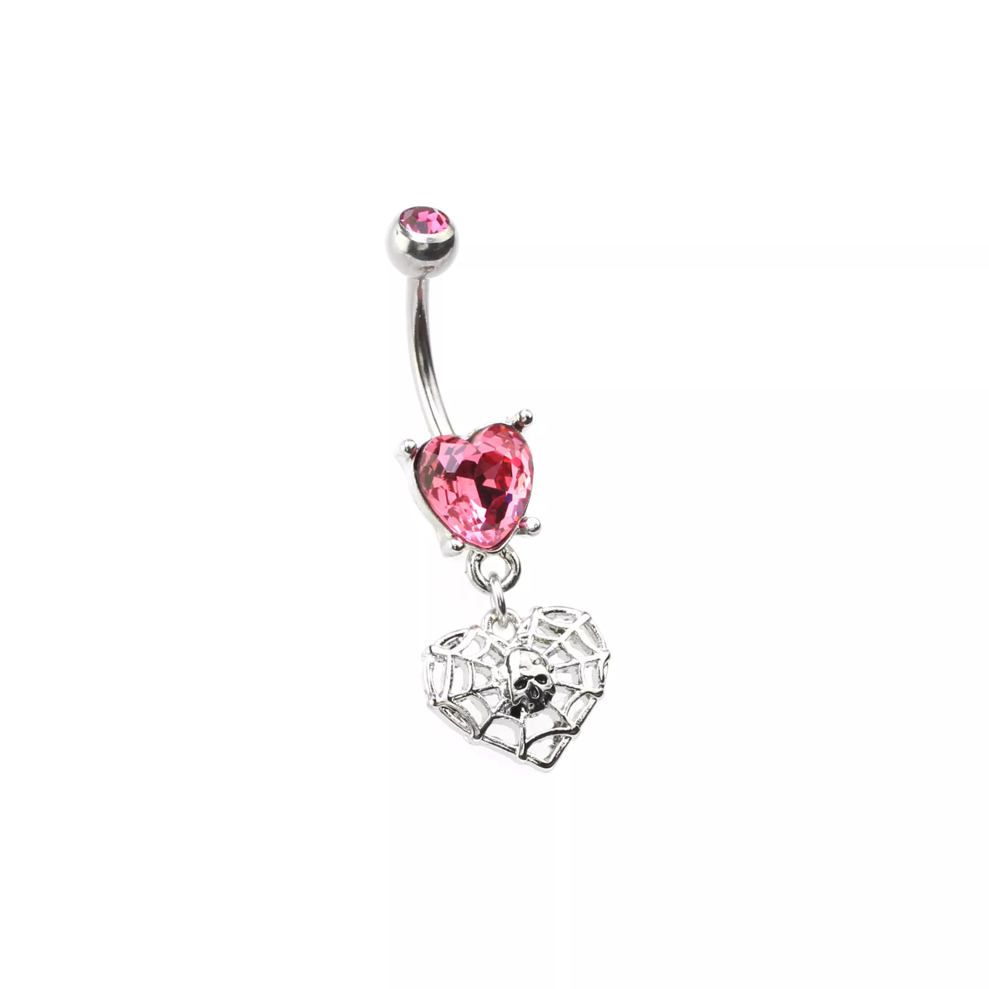 Pink Heart CZ Skull Web Dangle Belly Ring - 14 Gauge at Spencer's