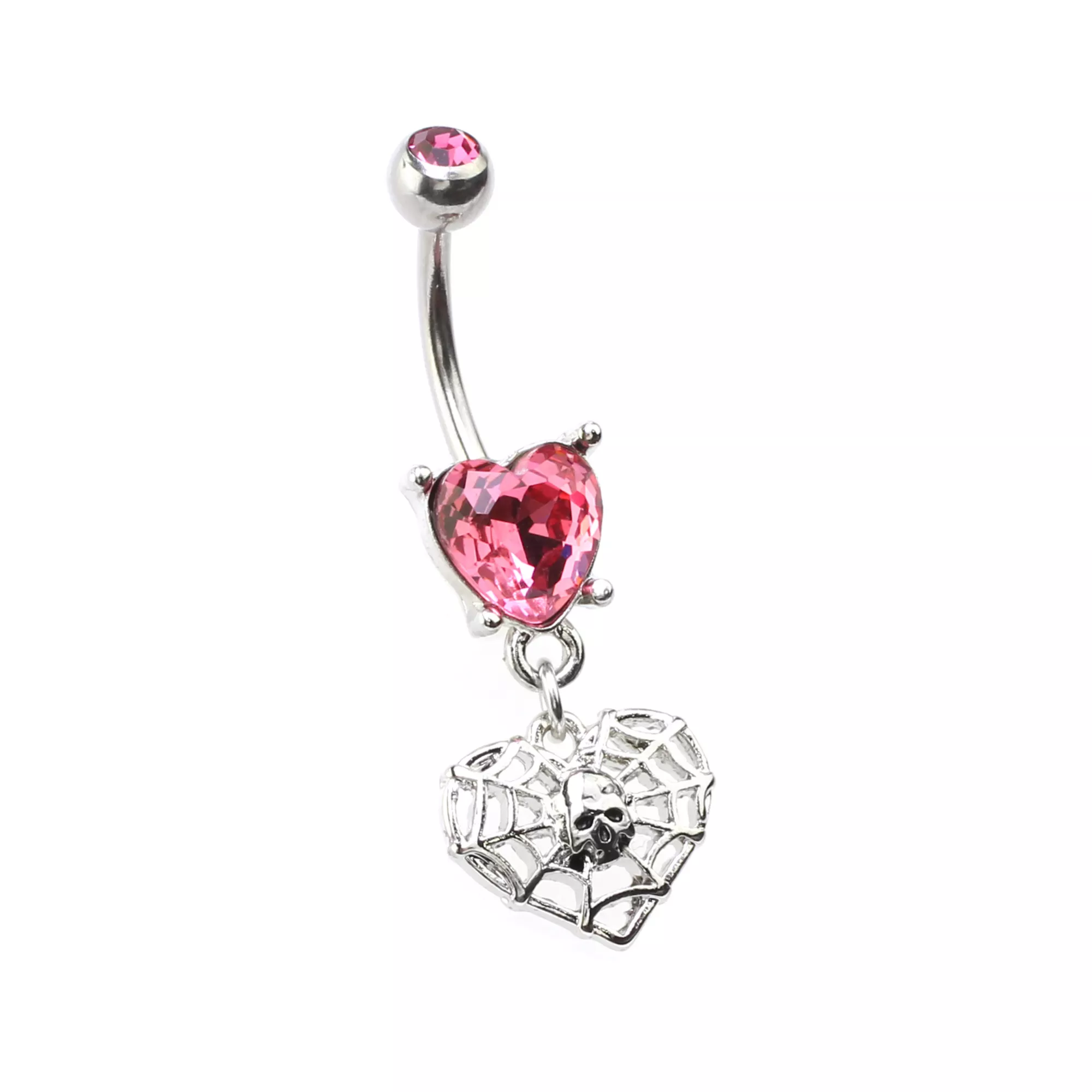 Pink Heart CZ Skull Web Dangle Belly Ring - 14 Gauge at Spencer's