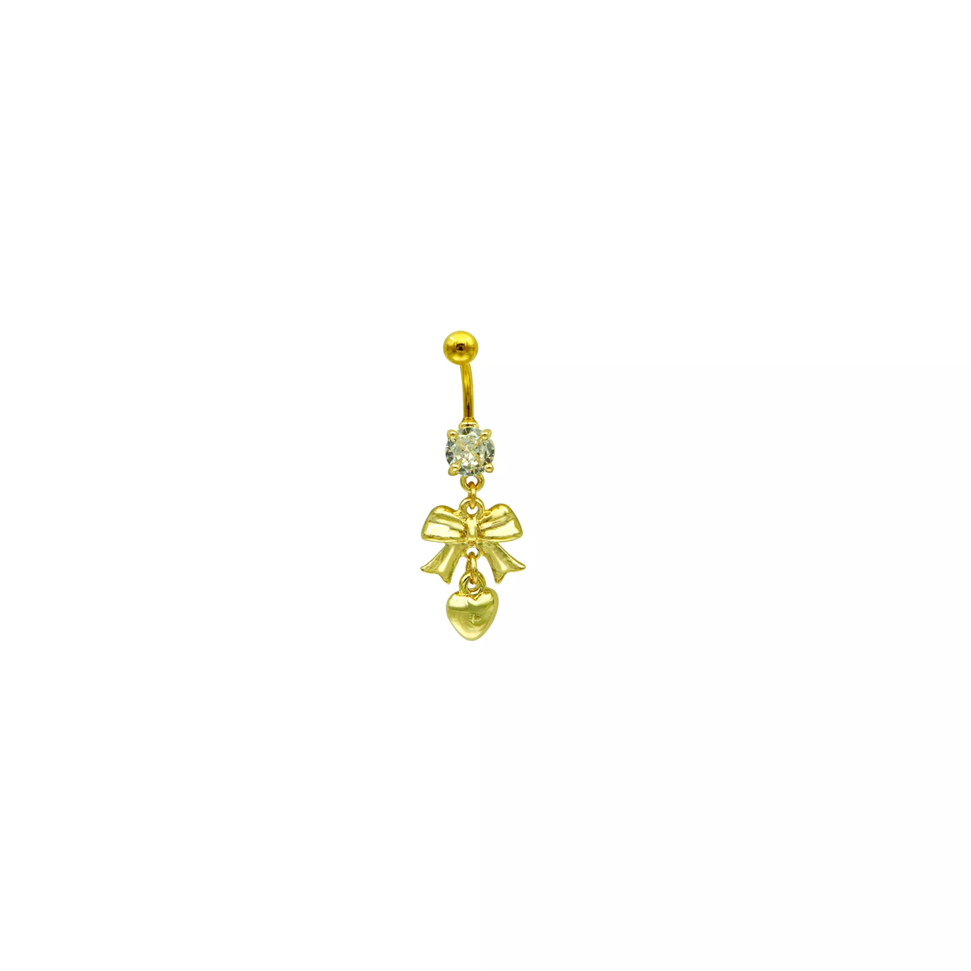 CZ Gold Heart and Bow Dangle Belly Ring - 14 Gauge