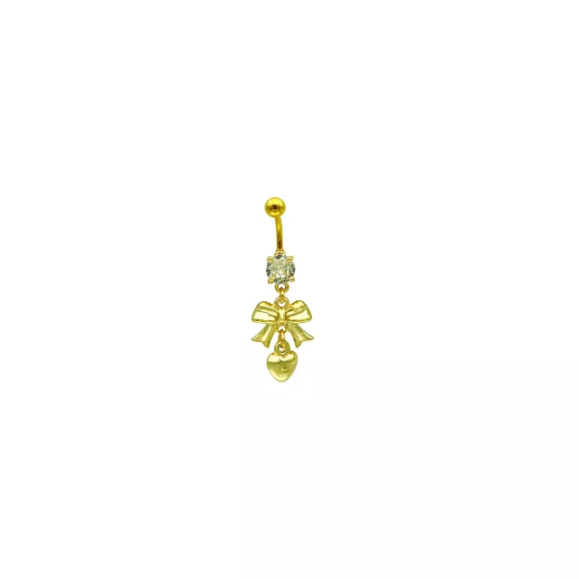 CZ Gold Heart and Bow Dangle Belly Ring - 14 Gauge at Spencer's