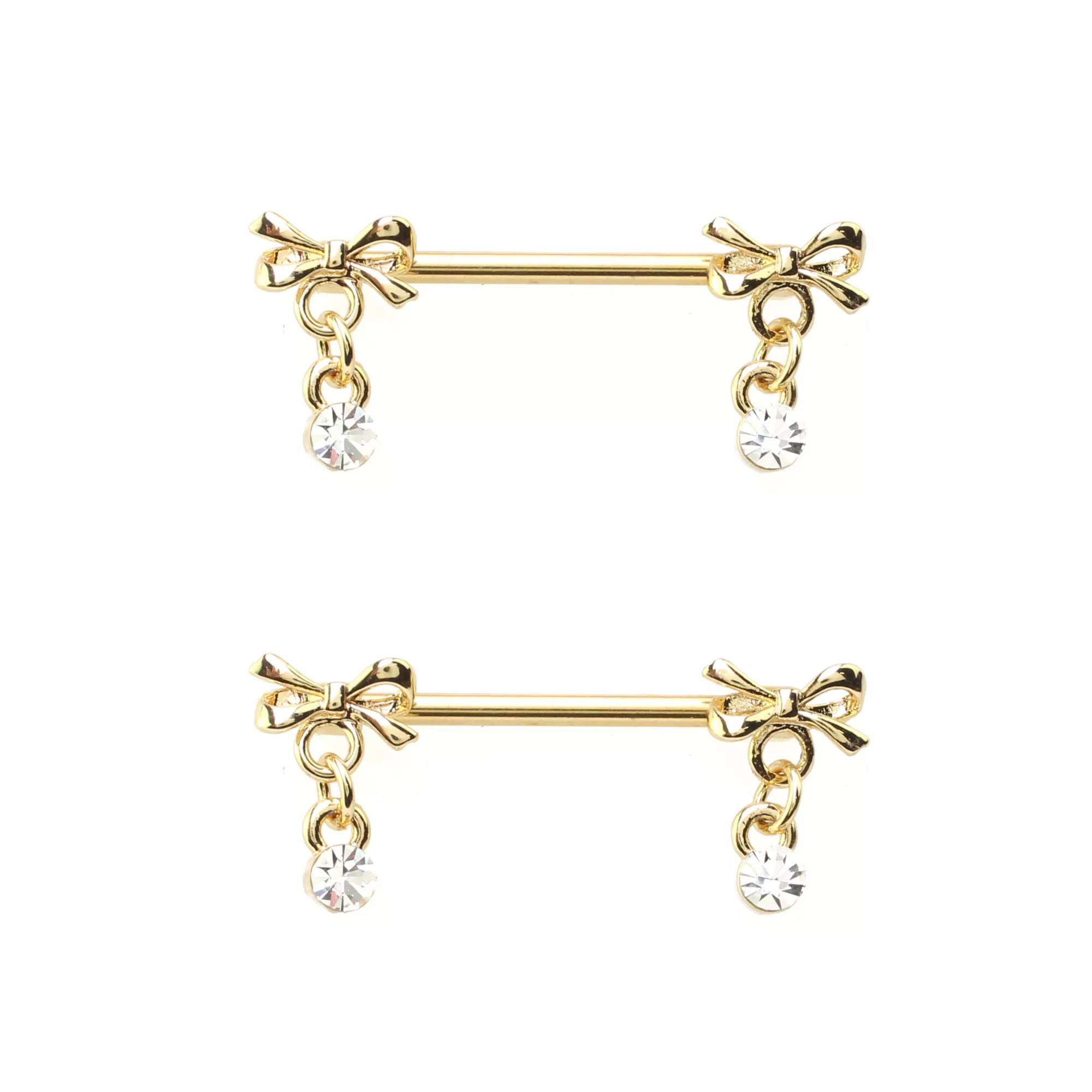 Gold Bow Dangle Nipple Barbells - 14 Gauge