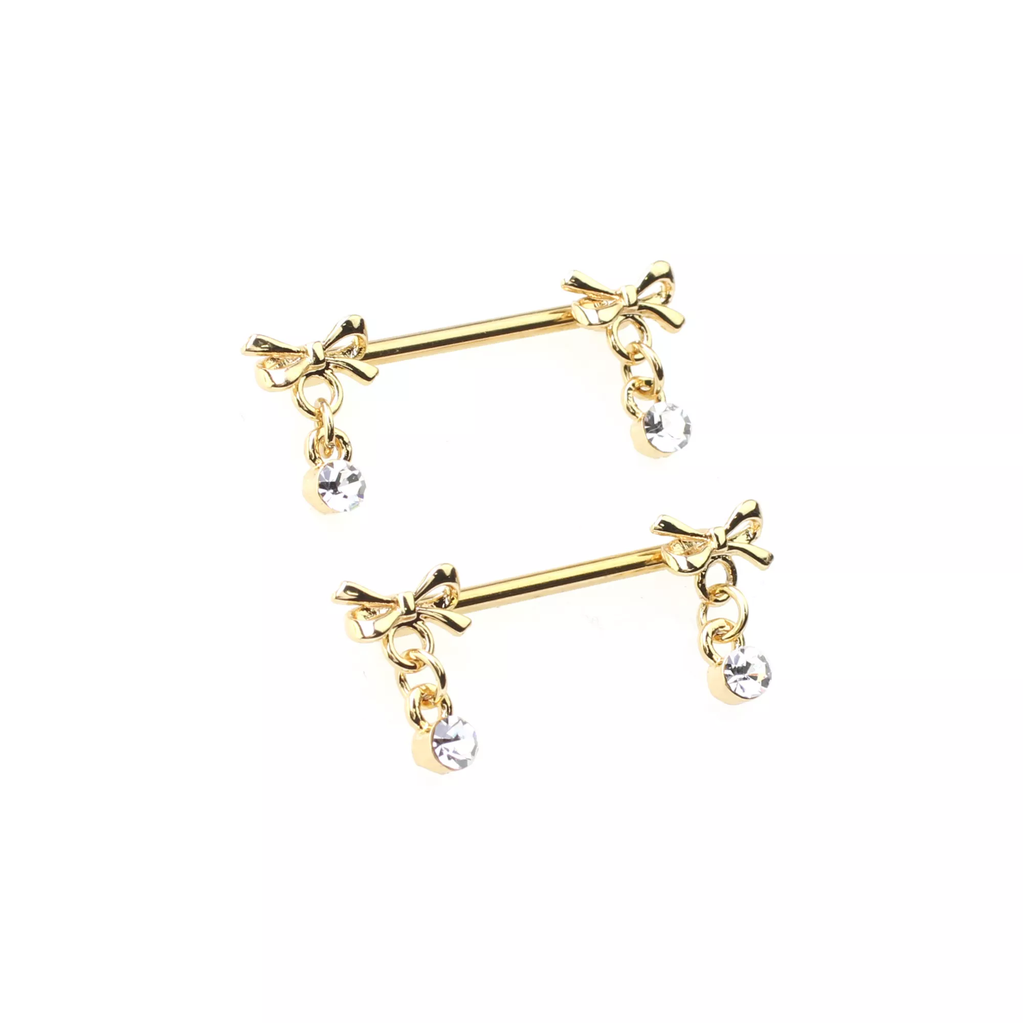 Gold Bow Dangle Nipple Barbells - 14 Gauge