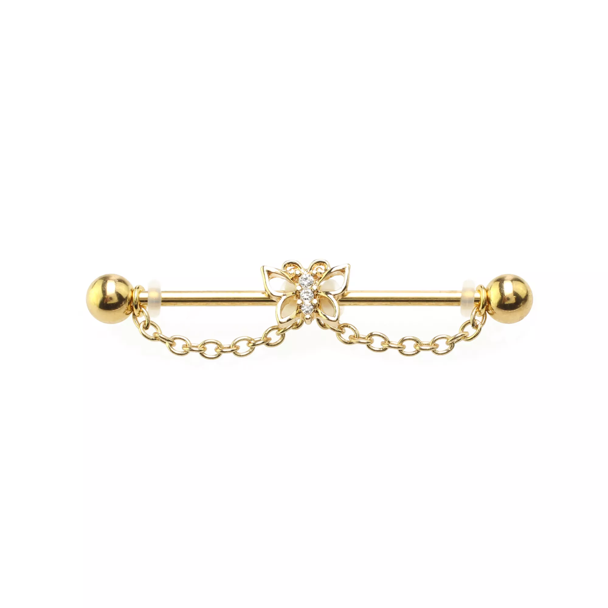 CZ Butterfly Goldtone Chain Dangle Industrial Barbell - 14 Gauge