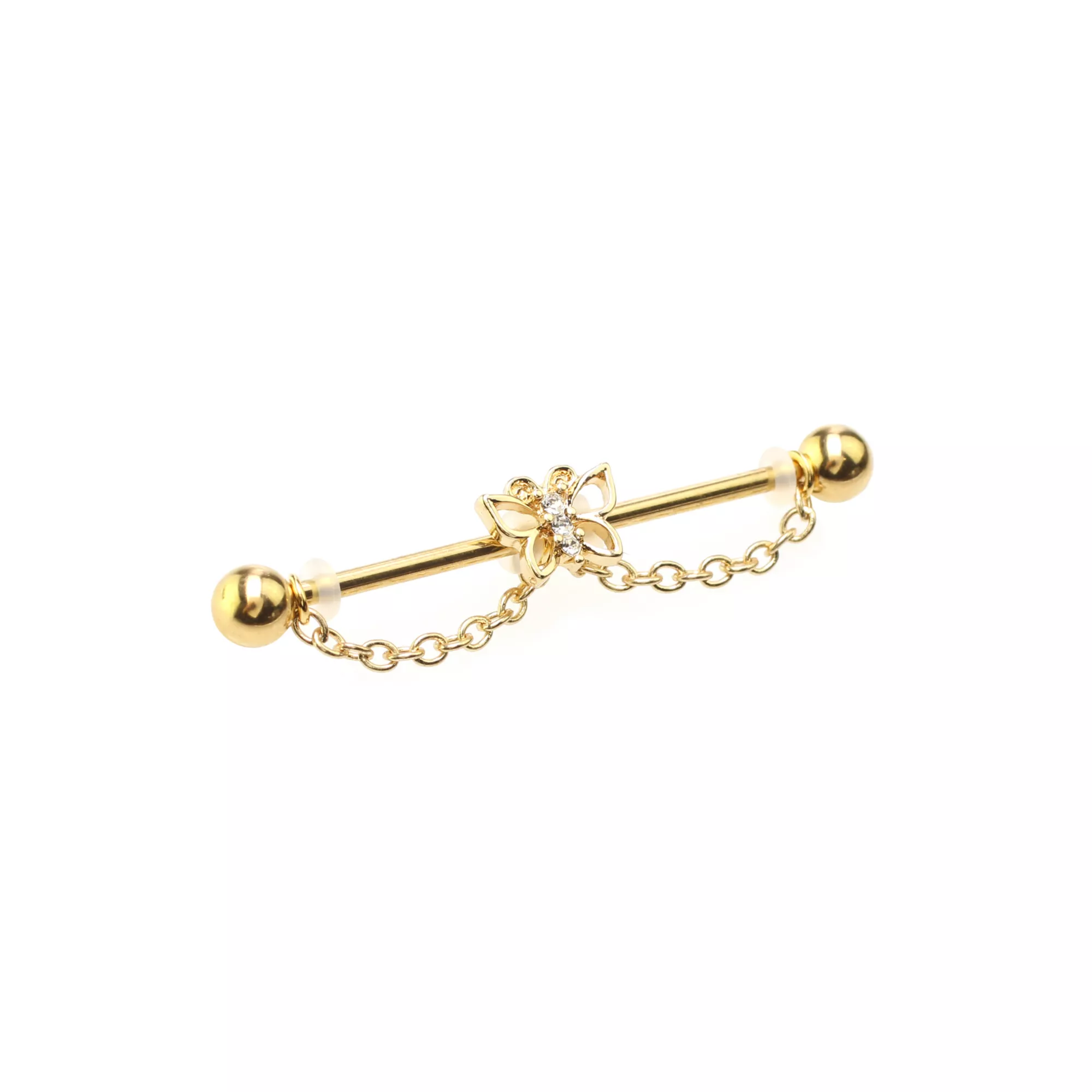 CZ Butterfly Goldtone Chain Dangle Industrial Barbell - 14 Gauge at Spencer's