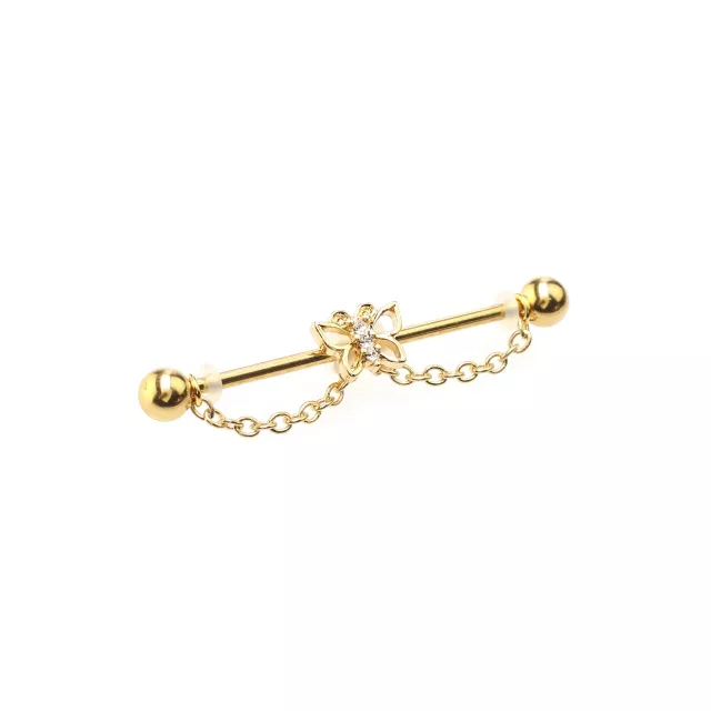 CZ Butterfly Goldtone Chain Dangle Industrial Barbell - 14 Gauge